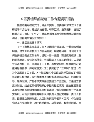 X区委组织部党建工作专题调研报告