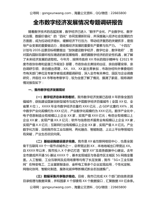 全市数字经济发展情况专题调研报告