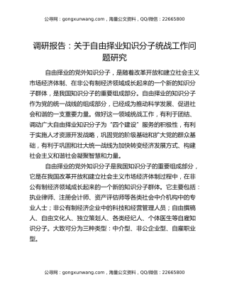 调研报告：关于自由择业知识分子统战工作问题研究