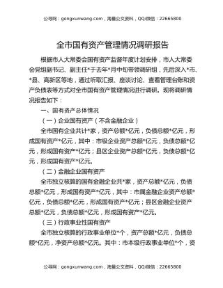 全市国有资产管理情况调研报告