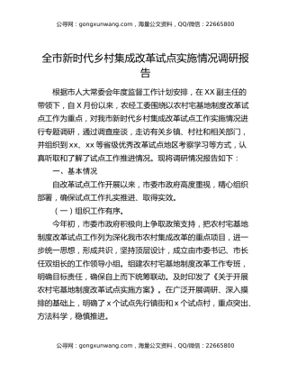 全市新时代乡村集成改革试点实施情况调研报告
