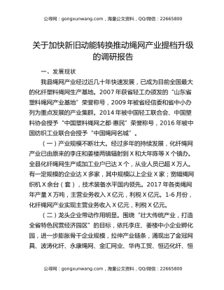 关于加快新旧动能转换推动绳网产业提档升级的调研报告