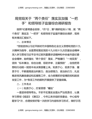 局党组关于“两个责任”落实及加强“一把手”和领导班子监督综合调研报告