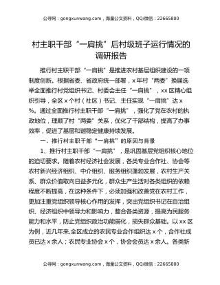村主职干部“一肩挑”后村级班子运行情况的调研报告