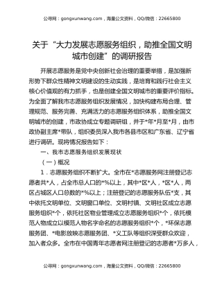 关于“大力发展志愿服务组织，助推全国文明城市创建”的调研报告