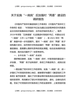 关于实施“一肩挑”后加强村“两委”建设的调研报告