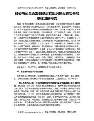 县委书记全面加强基层党组织建设夯实基层基础调研报告