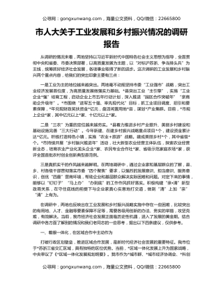 市人大关于工业发展和乡村振兴情况的调研报告