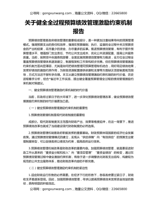 关于健全全过程预算绩效管理激励约束机制报告