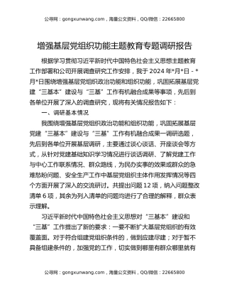 增强基层党组织功能主题教育专题调研报告