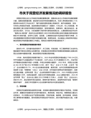 市关于民营经济发展情况的调研报告