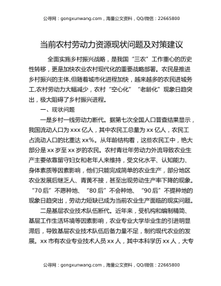 当前农村劳动力资源现状问题及对策建议