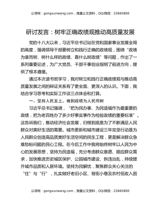 研讨发言：树牢正确政绩观推动高质量发展