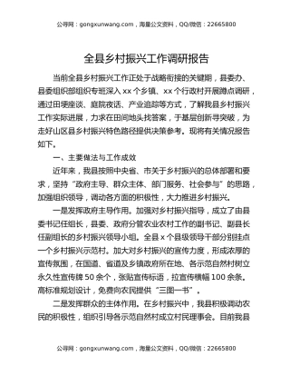 全县乡村振兴工作调研报告