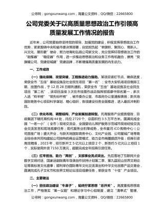 公司党委关于以高质量思想政治工作引领高质量发展工作情况的报告