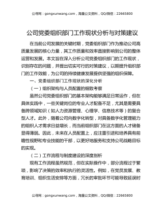 公司党委组织部门工作现状分析与对策建议