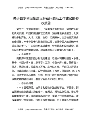 关于县水利设施建设存在问题及工作建议的咨政报告
