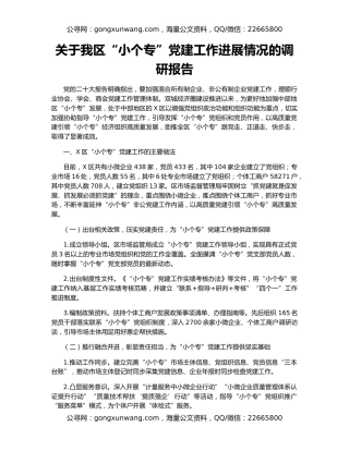 关于我区“小个专”党建工作进展情况的调研报告
