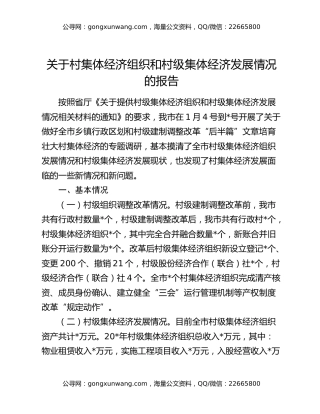 关于村集体经济组织和村级集体经济发展情况的报告