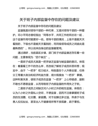 关于班子内部监督中存在的问题及建议