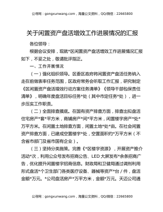 关于闲置资产盘活增效工作进展情况的汇报