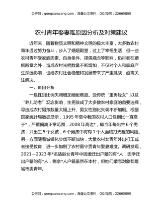 农村青年娶妻难原因分析及对策建议