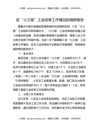 区“小三级”工会经审工作情况的调研报告