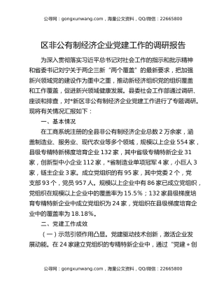 区非公有制经济企业党建工作的调研报告