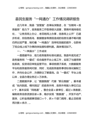 县民生服务“一网通办”工作情况调研报告