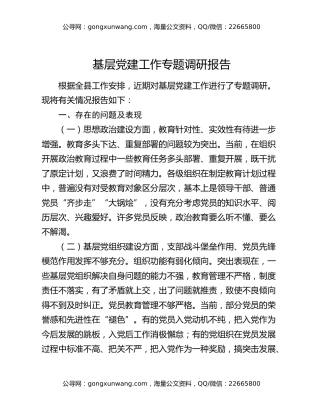 基层党建工作专题调研报告