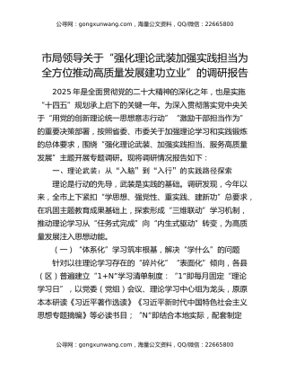 市局领导关于“强化理论武装加强实践担当为全方位推动高质量发展建功立业”的调研报告