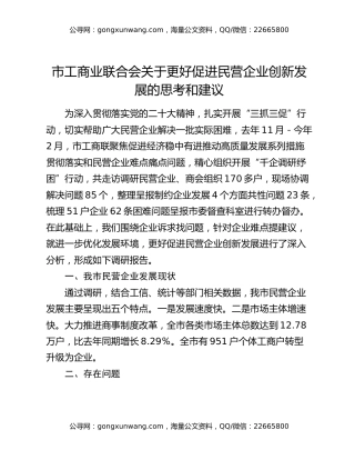 市工商业联合会关于更好促进民营企业创新发展的思考和建议