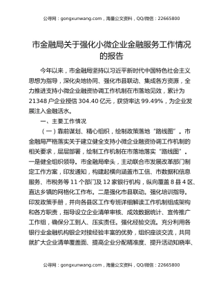 市金融局关于强化小微企业金融服务工作情况的报告