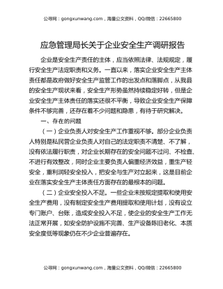 应急管理局长关于企业安全生产调研报告