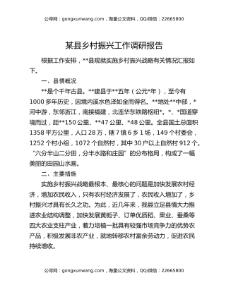 某县乡村振兴工作调研报告