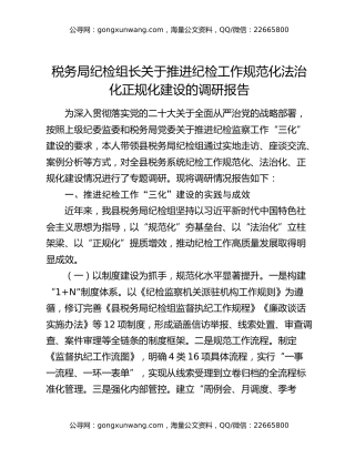 税务局纪检组长关于推进纪检工作规范化法治化正规化建设的调研报告