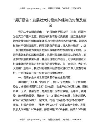 调研报告：发展壮大村级集体经济的对策及建议