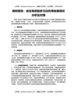 调研报告：省生物质能多元化利用发展现状分析及对策