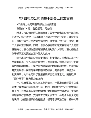 XX县电力公司调整干部会上的发言稿