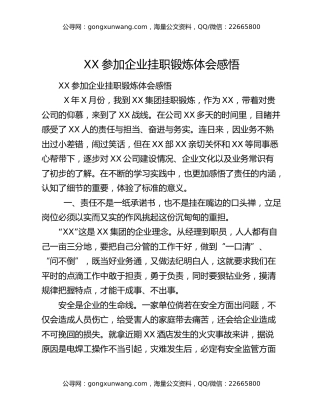 XX参加企业挂职锻炼体会感悟