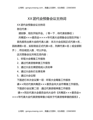 XX团代会预备会议主持词