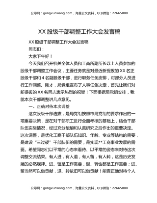 XX股级干部调整工作大会发言稿