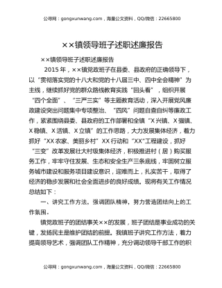 ××镇领导班子述职述廉报告