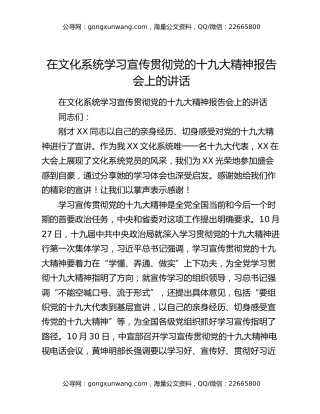 ​在文化系统学习宣传贯彻党的十九大精神报告会上的讲话
