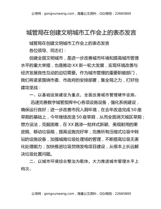 ​城管局在创建文明城市工作会上的表态发言