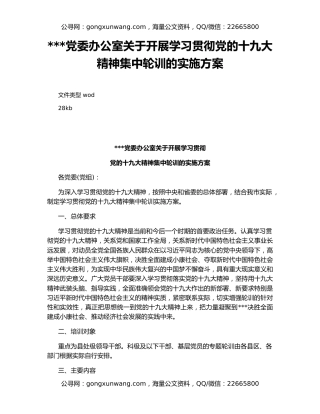 党委办公室关于开展学习贯彻党的十九大精神集中轮训的实施方案
