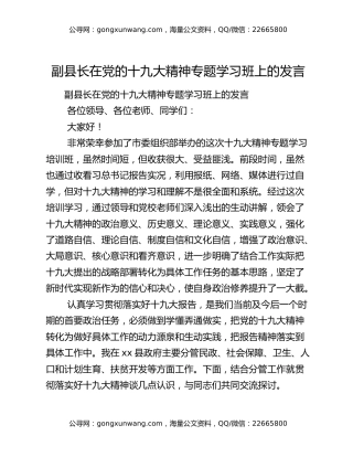 副县长在党的十九大精神专题学习班上的发言