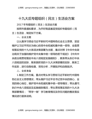 十九大后专题组织（民主）生活会方案