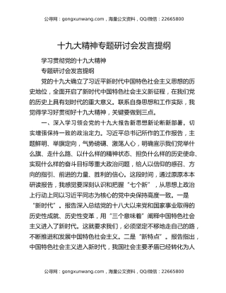 十九大精神专题研讨会发言提纲