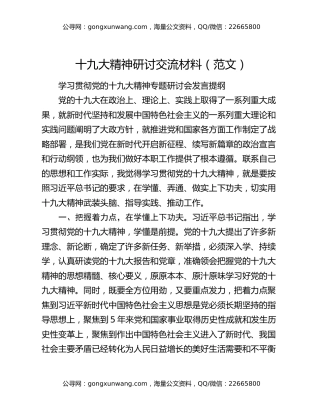 十九大精神研讨交流材料（范文）